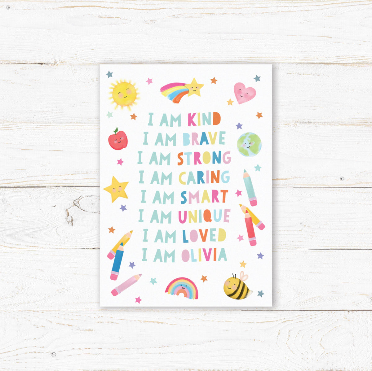Personalised Affirmations A4 Print. Personalised print, child's room print. Child's affirmation wall art. Positive vibes wall art.