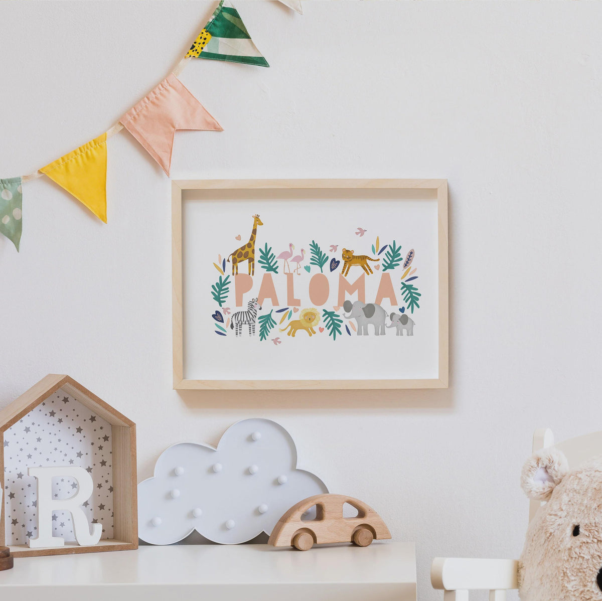 Safari Animal Name Print. Nursery Childs Bedroom. New Baby Gift. Personalised Name Print. Child's Birthday Present. Naming Day Wall Art.