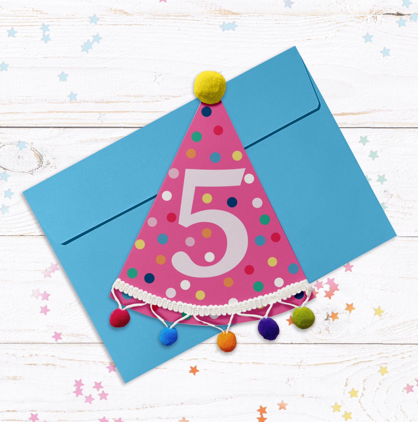 Party Hat Shaped Pom Pom Birthday Personalised Card - Pink