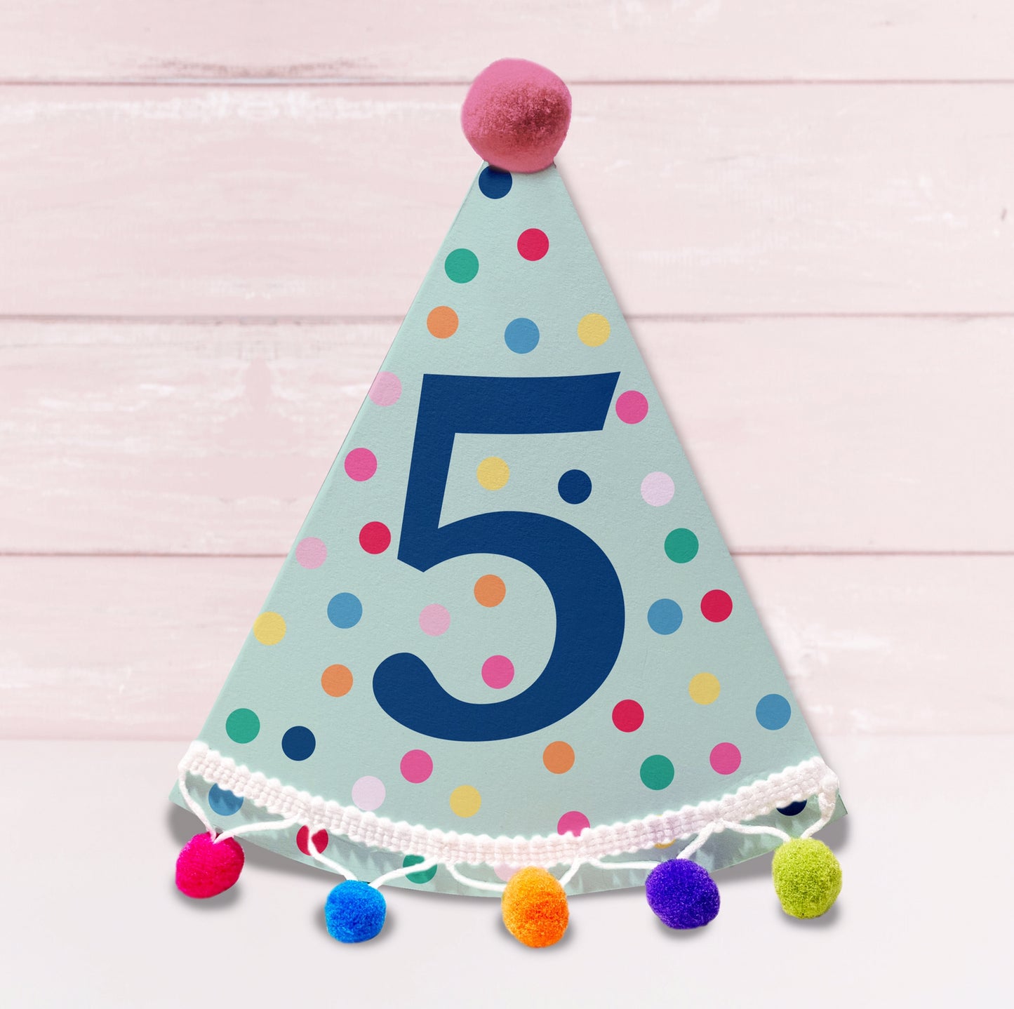 Party Hat Shaped Pom Pom Birthday Personalised Card - Blue