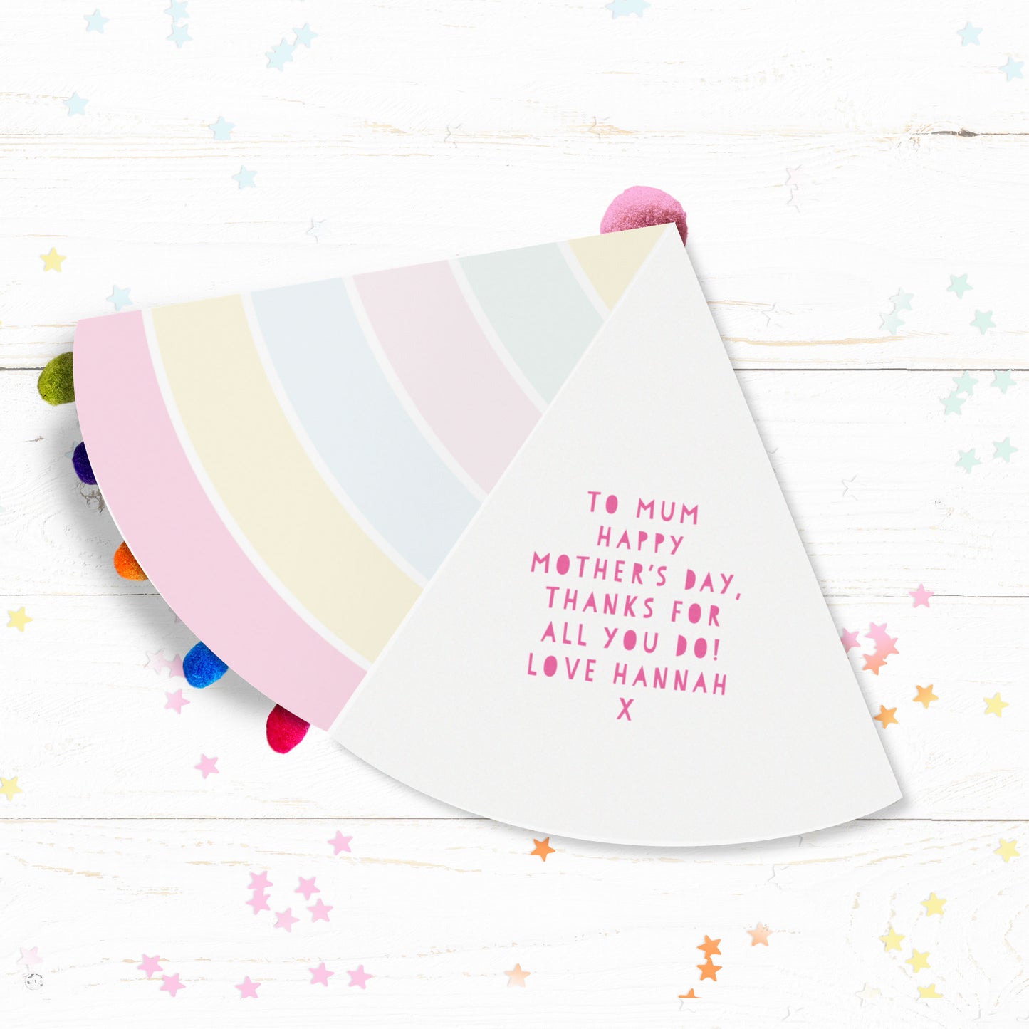 Party Hat Shaped Pom Pom stripy Mother’s Day Personalised Card