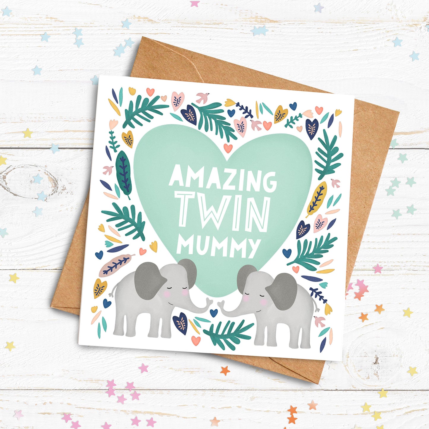Amazing Twin Mummy Elephant Card. Cute twin mummy card. Mother’s Day card. Send Direct Option.