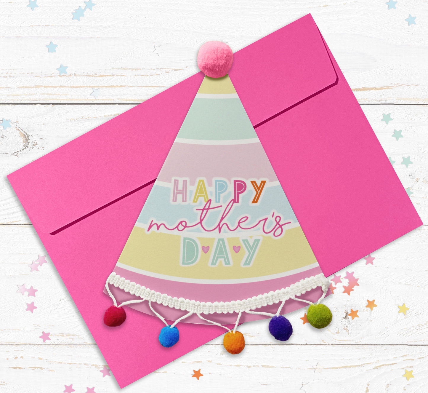 Party Hat Shaped Pom Pom stripy Mother’s Day Personalised Card