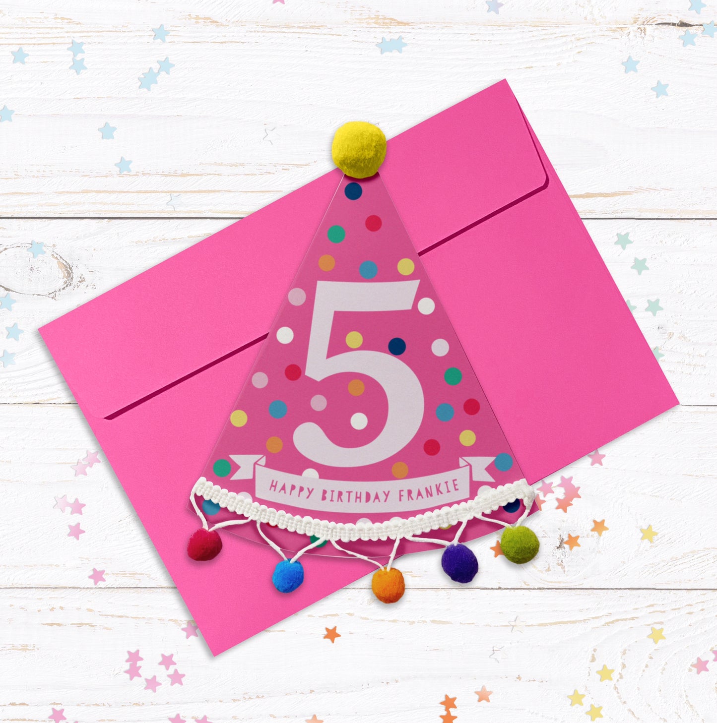 Party Hat Shaped Pom Pom Birthday Personalised Card - Pink