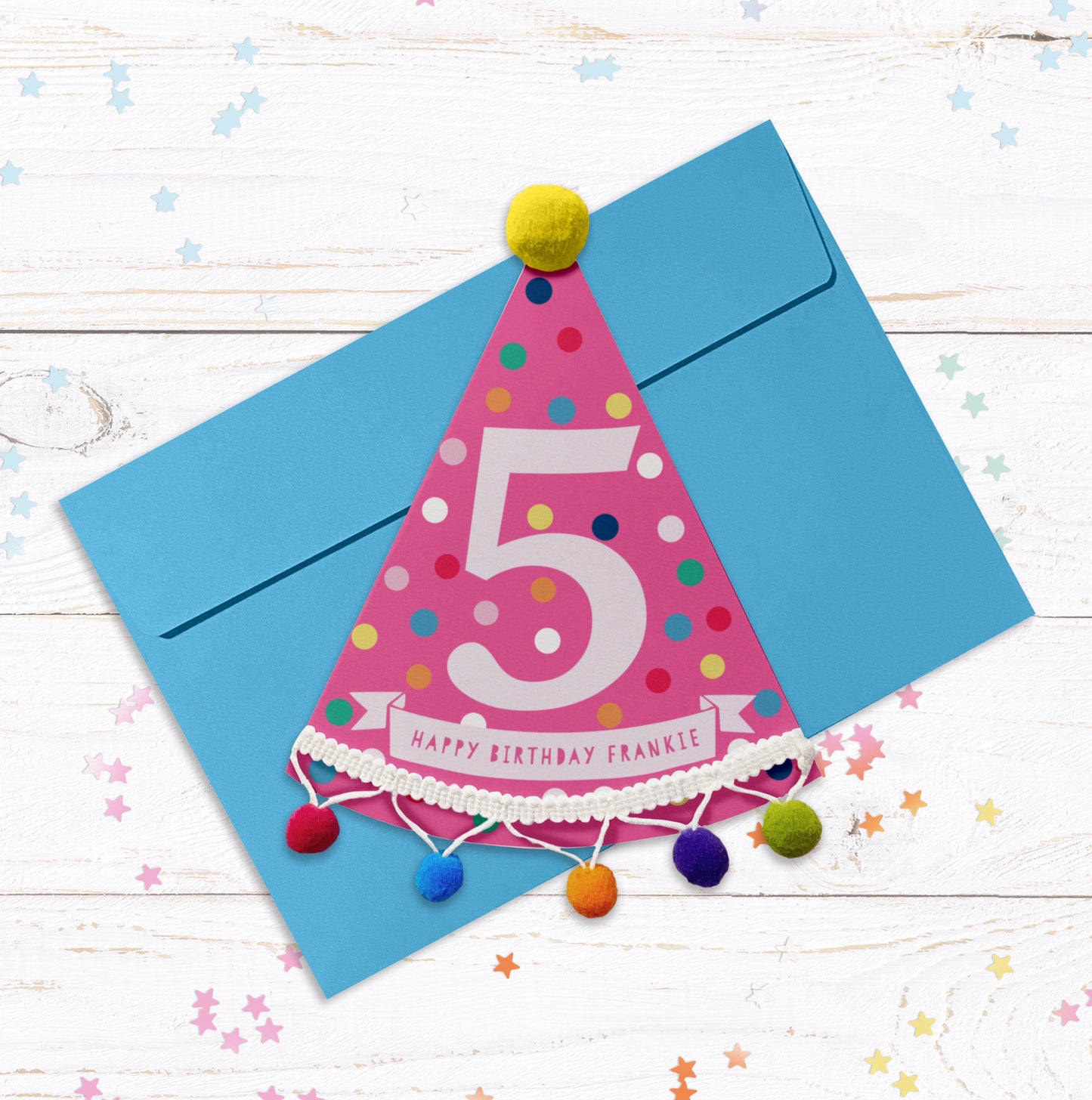 Party Hat Shaped Pom Pom Birthday Personalised Card - Pink