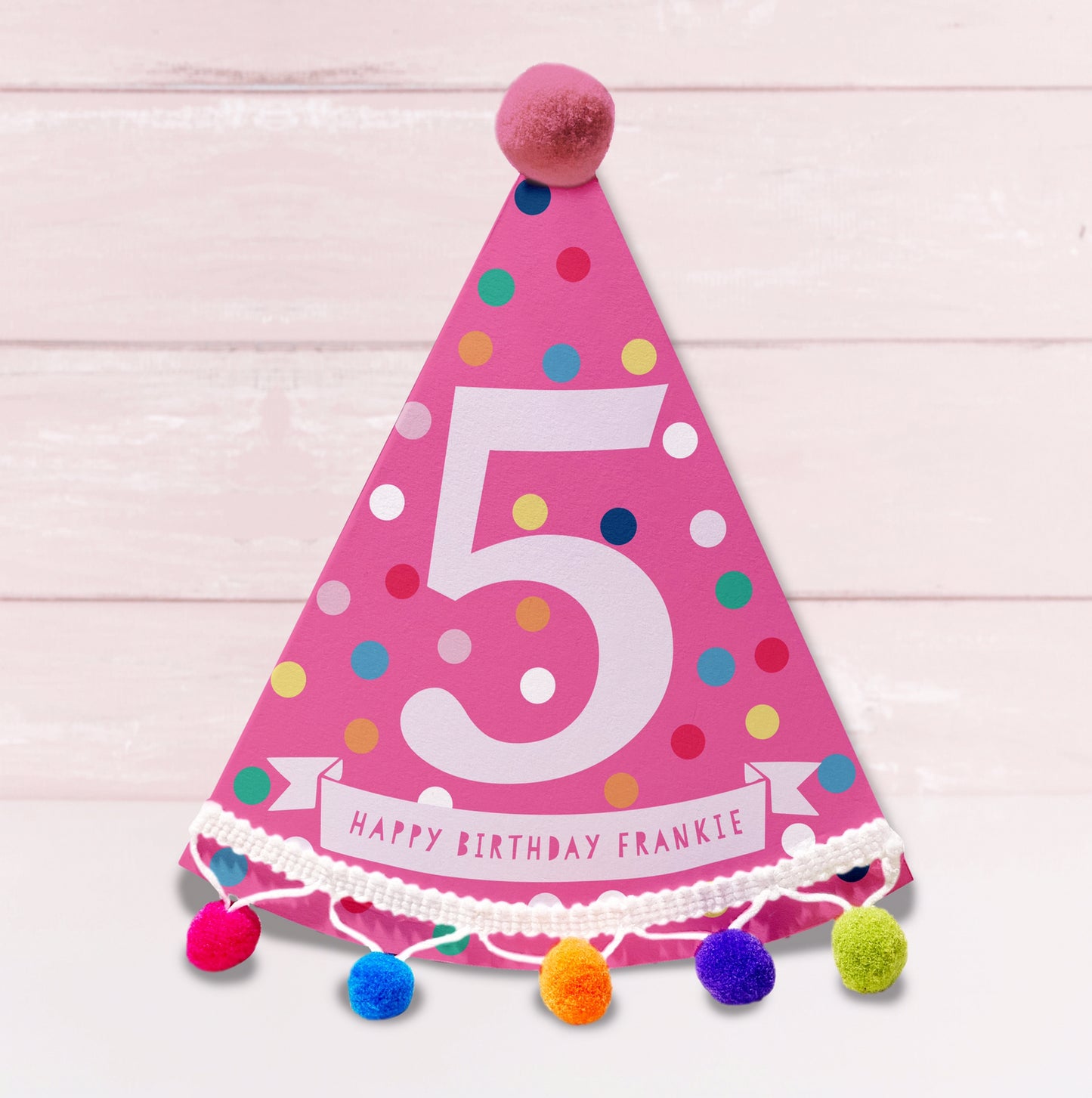 Party Hat Shaped Pom Pom Birthday Personalised Card - Pink