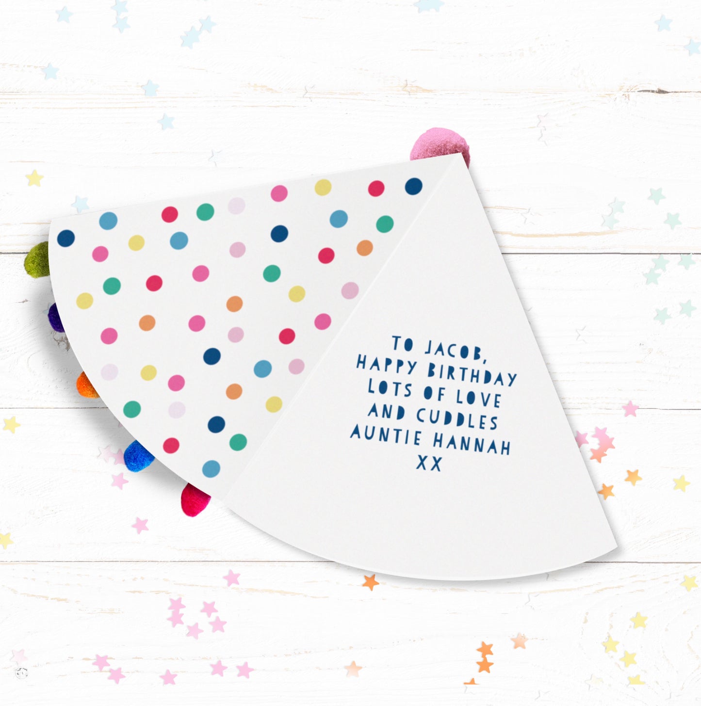 Party Hat Shaped Pom Pom Birthday Personalised Card - Blue