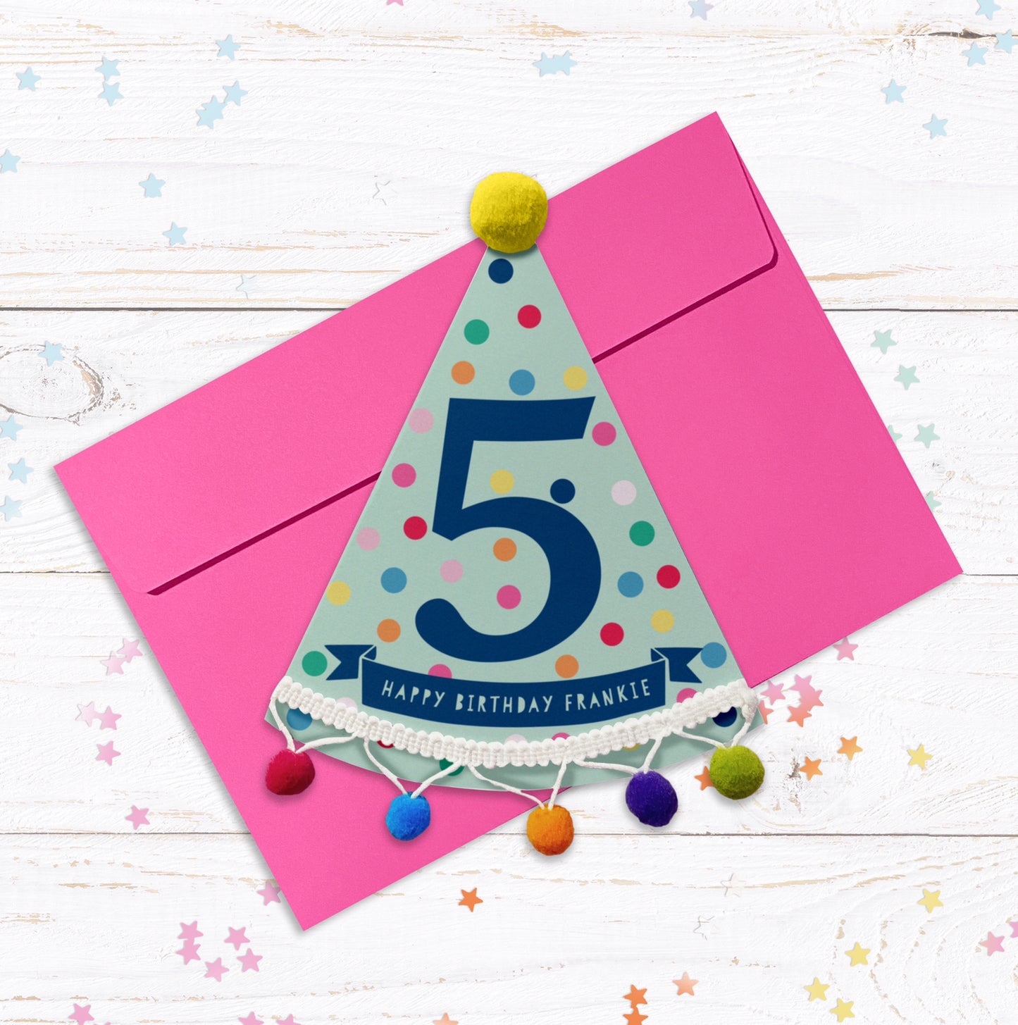 Party Hat Shaped Pom Pom Birthday Personalised Card - Blue