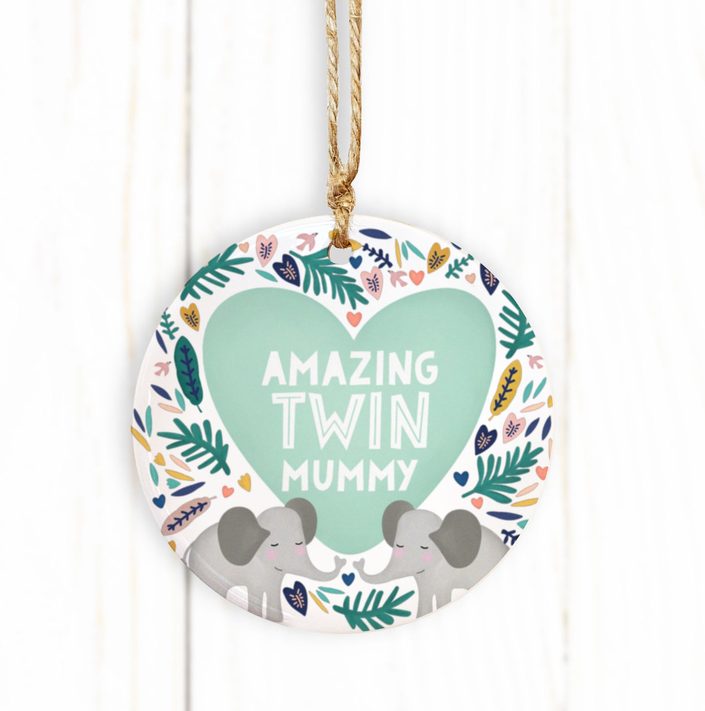 Amazing Twin Mummy elephant Ceramic Ornament. Personalised Mother’s Day Gift. Cute gift for Mum .