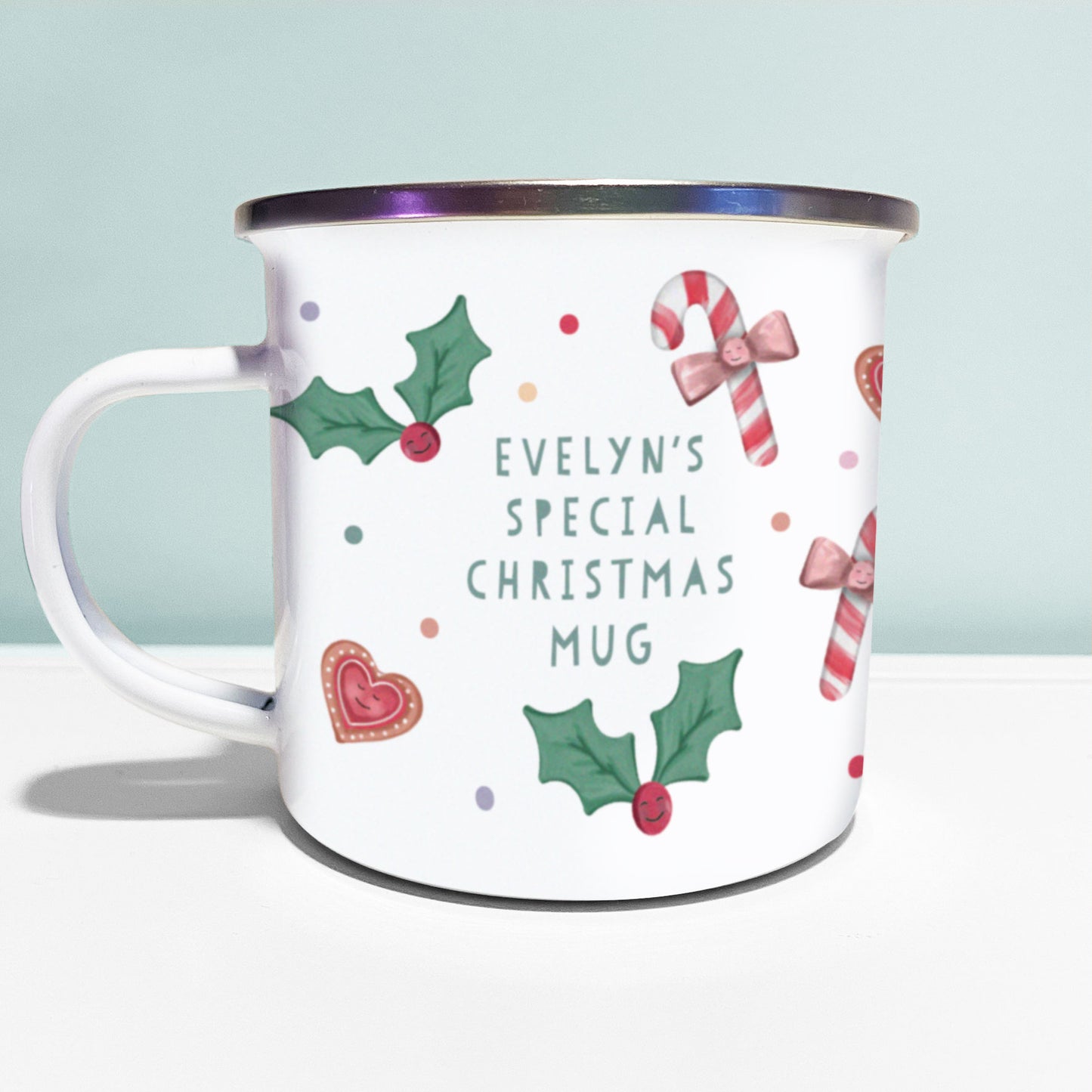 Cute Christmas Single Enamel Mug. Personalised Cup. Choose from: Biscuit, Pudding, Gingerbread Man, Mince Pie, Sprout or Pig in Blanket.