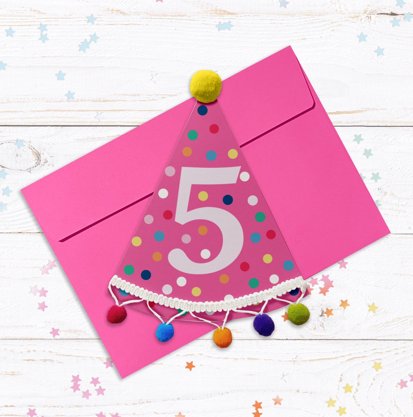 Party Hat Shaped Pom Pom Birthday Personalised Card - Pink