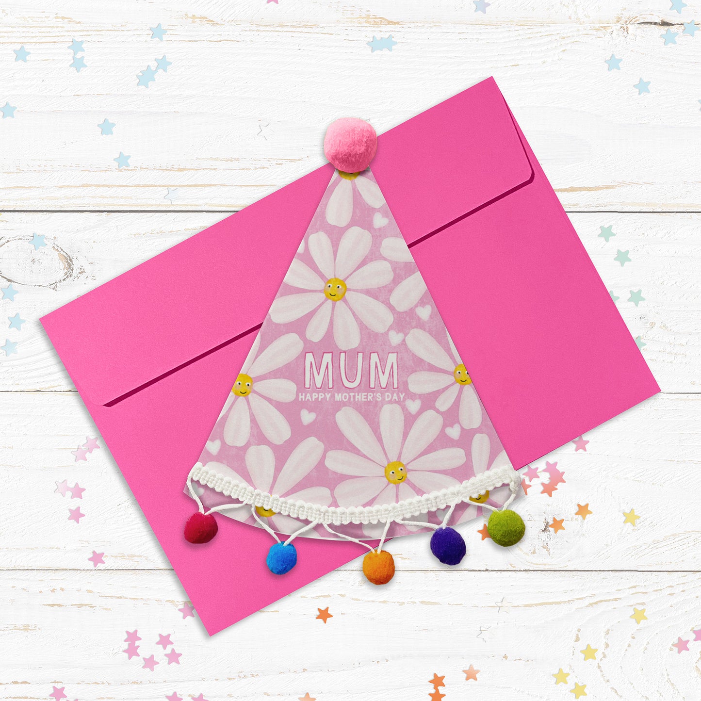 Daisy Party Hat Shaped Pom Pom Personalised Card. Mother's Day Card. Personalised card for Mum, Mummy, Grandma, Granny, Nan etc.