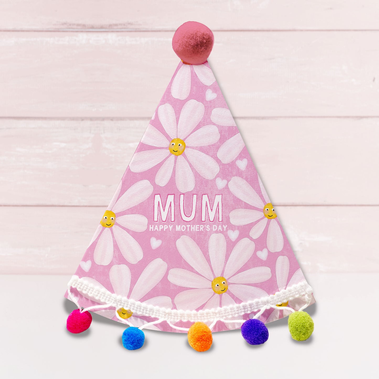 Daisy Party Hat Shaped Pom Pom Personalised Card. Mother's Day Card. Personalised card for Mum, Mummy, Grandma, Granny, Nan etc.