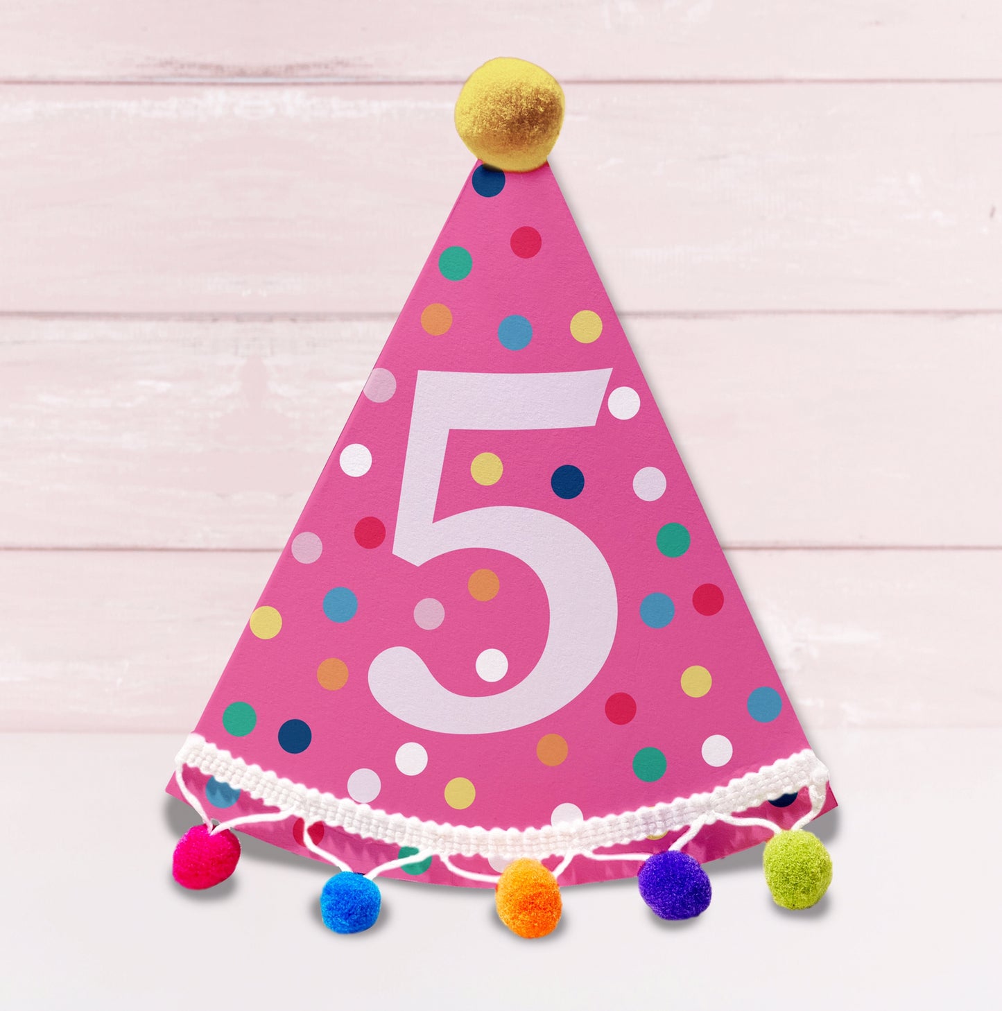 Party Hat Shaped Pom Pom Birthday Personalised Card - Pink