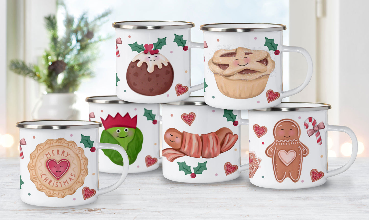 Cute Christmas Single Enamel Mug. Personalised Cup. Choose from: Biscuit, Pudding, Gingerbread Man, Mince Pie, Sprout or Pig in Blanket.