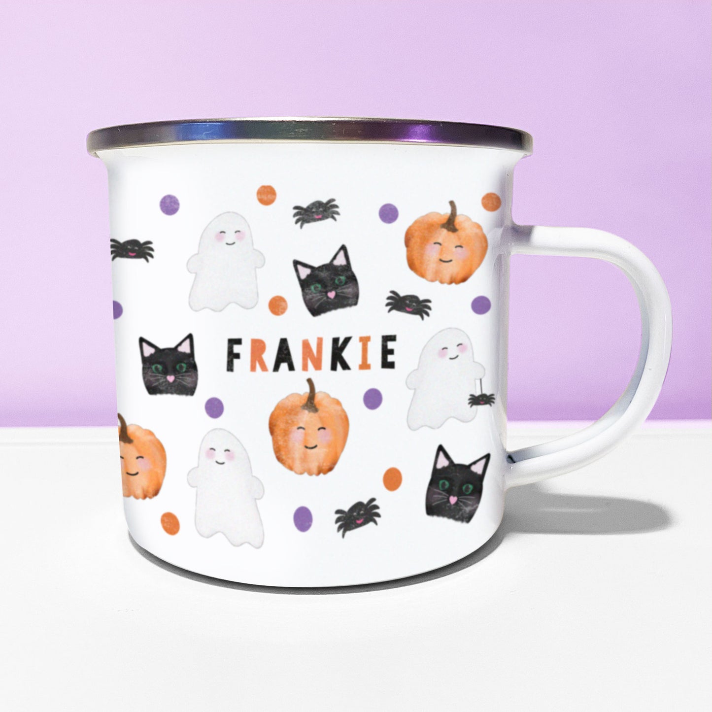 Personalised Halloween Pattern Enamel Mug. Personalised Camping cup. Cute Halloween Mug. Autumnal mug.