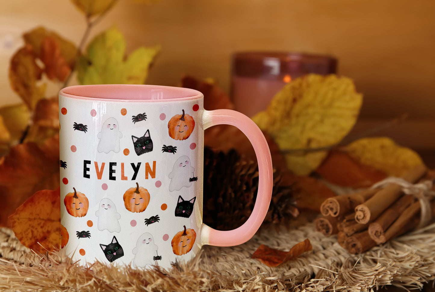 Personalised Halloween Pattern Mug. Halloween mug. Cute pink handle mug. Personalised ceramic mug.