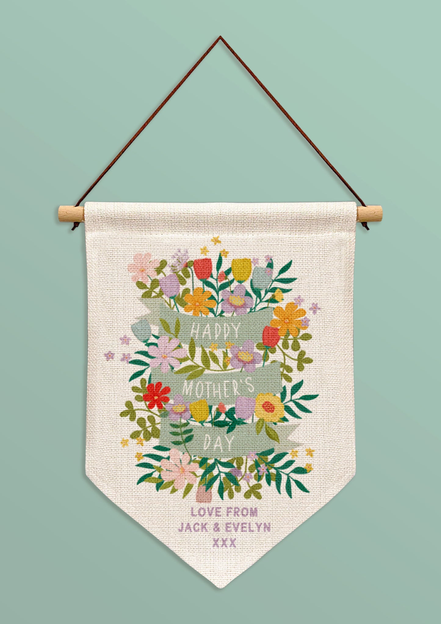 Happy Mother's Day Printed Linen Banner. Personalised Mother's Day Gift. For Mum. Floral Banner Design For Mum.