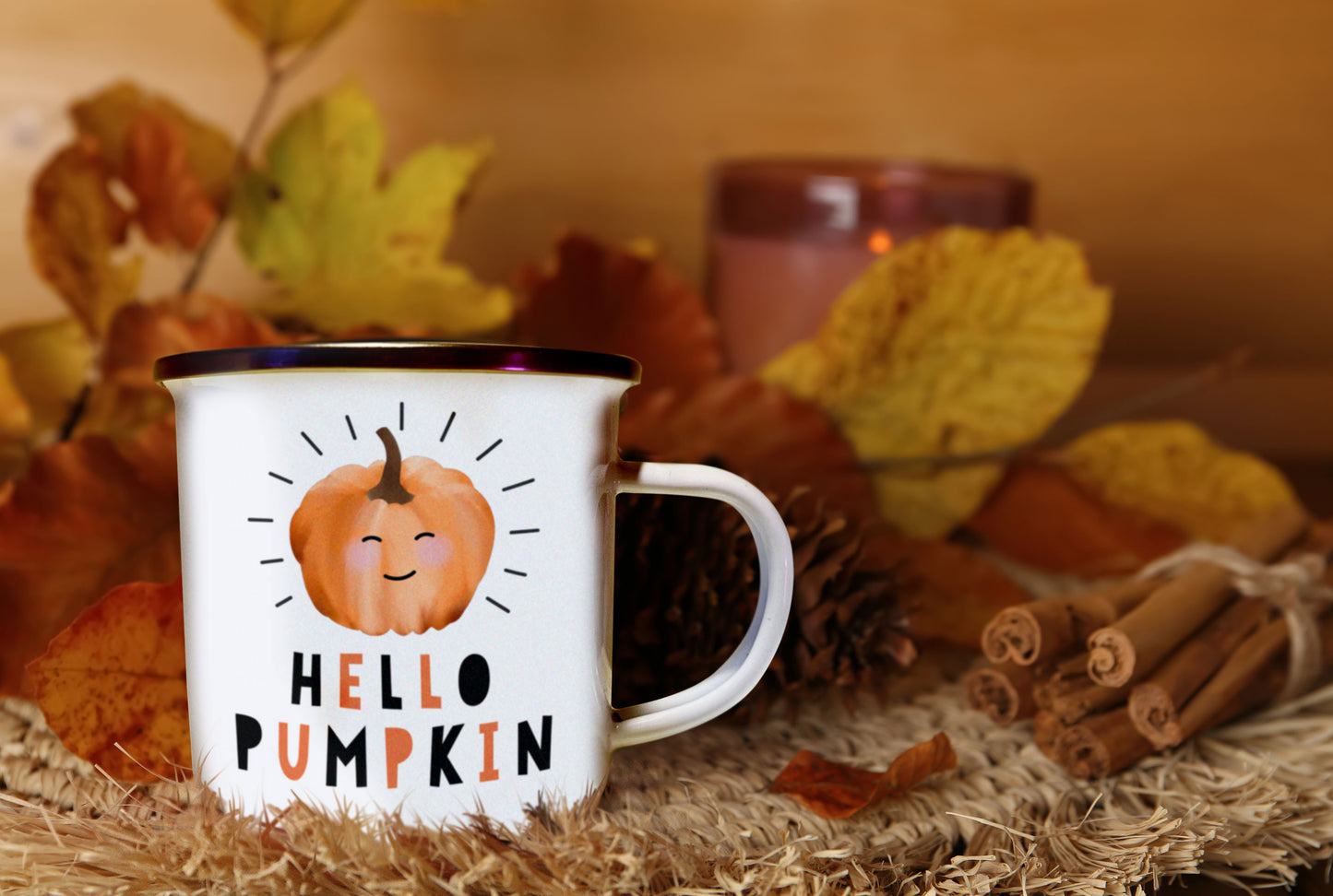 Hello Pumpkin Enamel Mug. Personalised Camping cup. Cute Halloween Mug. Autumnal mug.