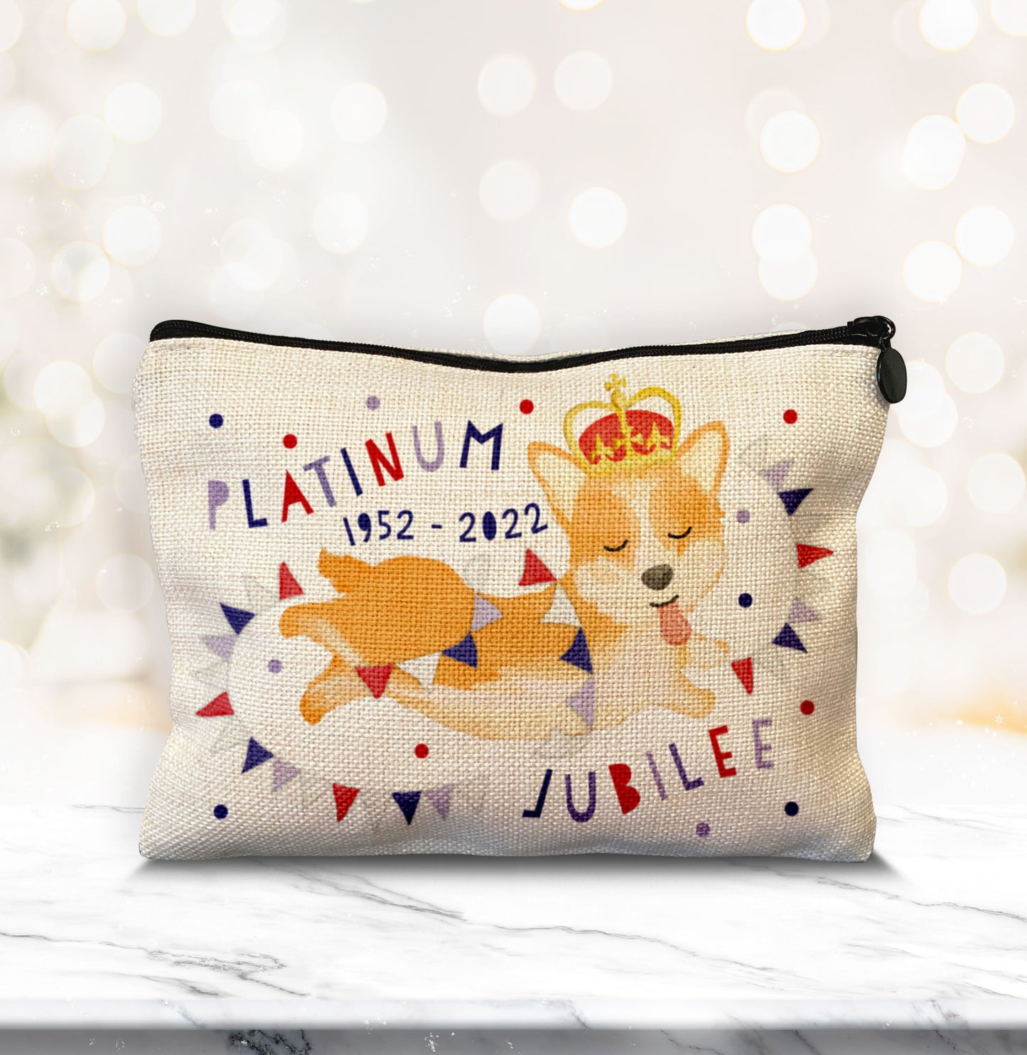 Platinum Jubilee Corgi Make up Bag. Queen's Jubilee Make Up bag.