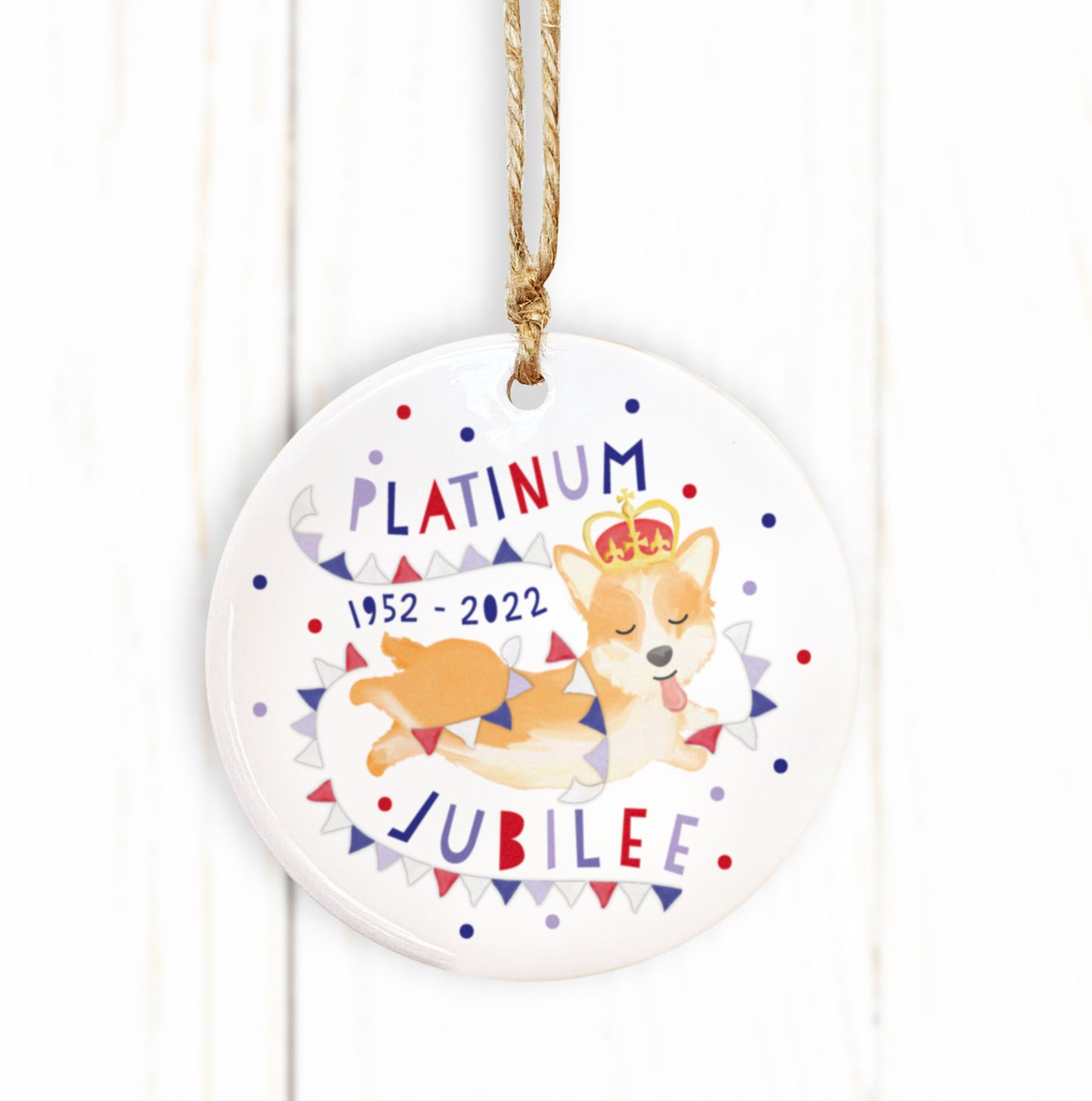 Platinum Jubilee Corgi Ceramic Ornament. Printed Jubilee Ornament. Queen's Platinum Jubilee Decoration.