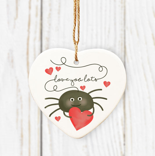 Love you lots spider Ceramic Heart Ornament. Valentines Hanging Decoration. Cute Valentine's gift.