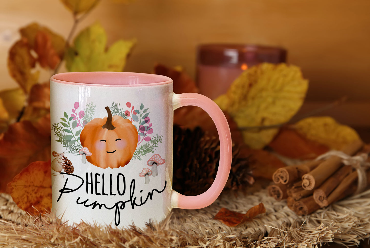Pretty Pumpkin Personalised Mug. Halloween mug. Cute pink handle mug. Personalised ceramic mug. Hello Pumpkin Mug.