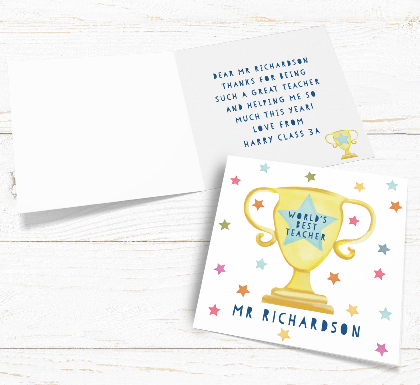 World's Best Teacher Trophy Card. Personalised Teacher Card. Teaching Assistant Card. Personalised Trophy Card. Send Direct Option.