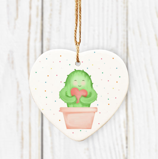 Cute Cactus Ceramic Heart Ornament. Valentines Hanging Decoration. Cute Valentine's gift.