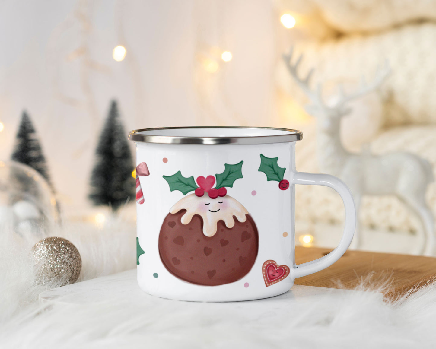 Cute Christmas Single Enamel Mug. Personalised Cup. Choose from: Biscuit, Pudding, Gingerbread Man, Mince Pie, Sprout or Pig in Blanket.