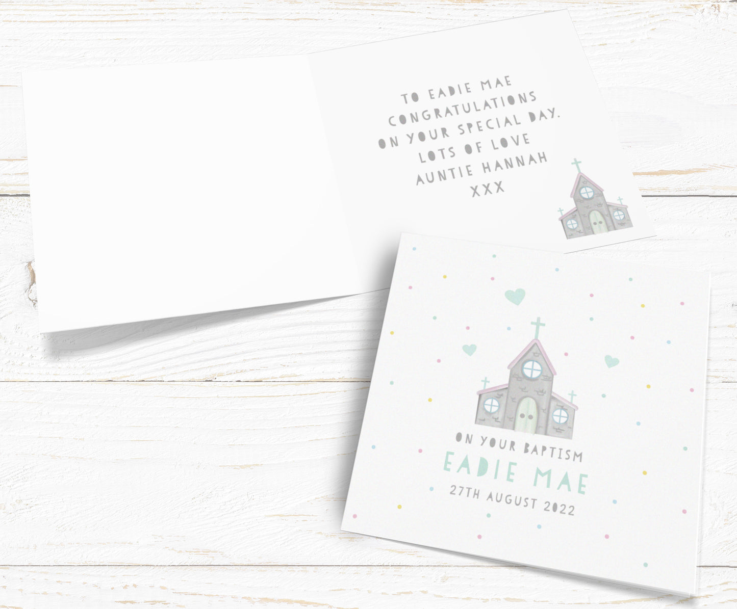 Personalised Cute Church Card. Card for Baptism, Christenings, Holy Communion, Confirmation. Send Direct Option.