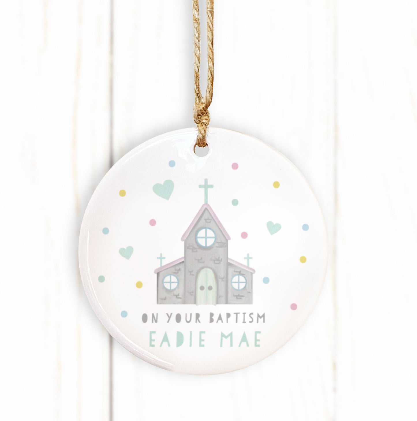 Cute Church Personalised Ceramic Ornament. Personalised Christening, Baptism, First Holy Communion, Confirmation Keepsake Gift.