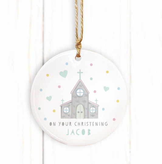 Cute Church Personalised Ceramic Ornament. Personalised Christening, Baptism, First Holy Communion, Confirmation Keepsake Gift.