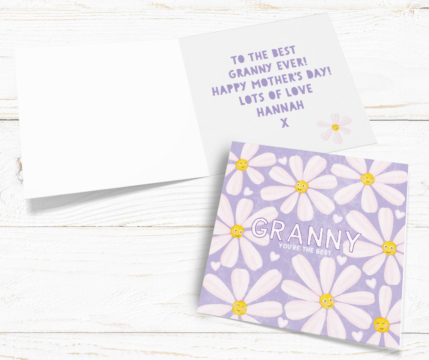 Cute Daisy Card. Personalised card for Mum, Gran, Granny, Grandma. Mother’s Day card. Send Direct Option.