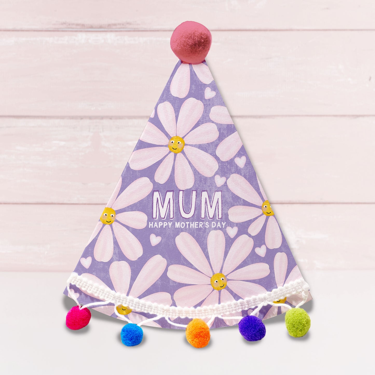 Daisy Party Hat Shaped Pom Pom Personalised Card. Mother's Day Card. Personalised card for Mum, Mummy, Grandma, Granny, Nan etc.