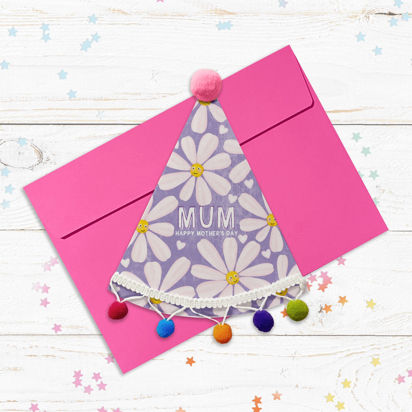 Daisy Party Hat Shaped Pom Pom Personalised Card. Mother's Day Card. Personalised card for Mum, Mummy, Grandma, Granny, Nan etc.