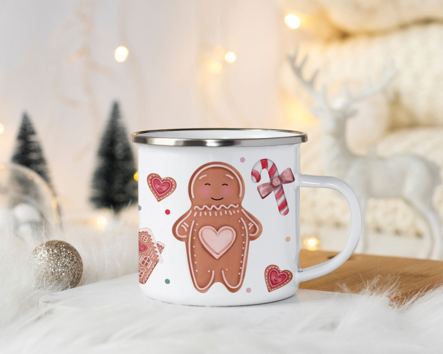 Cute Christmas Single Enamel Mug. Personalised Cup. Choose from: Biscuit, Pudding, Gingerbread Man, Mince Pie, Sprout or Pig in Blanket.