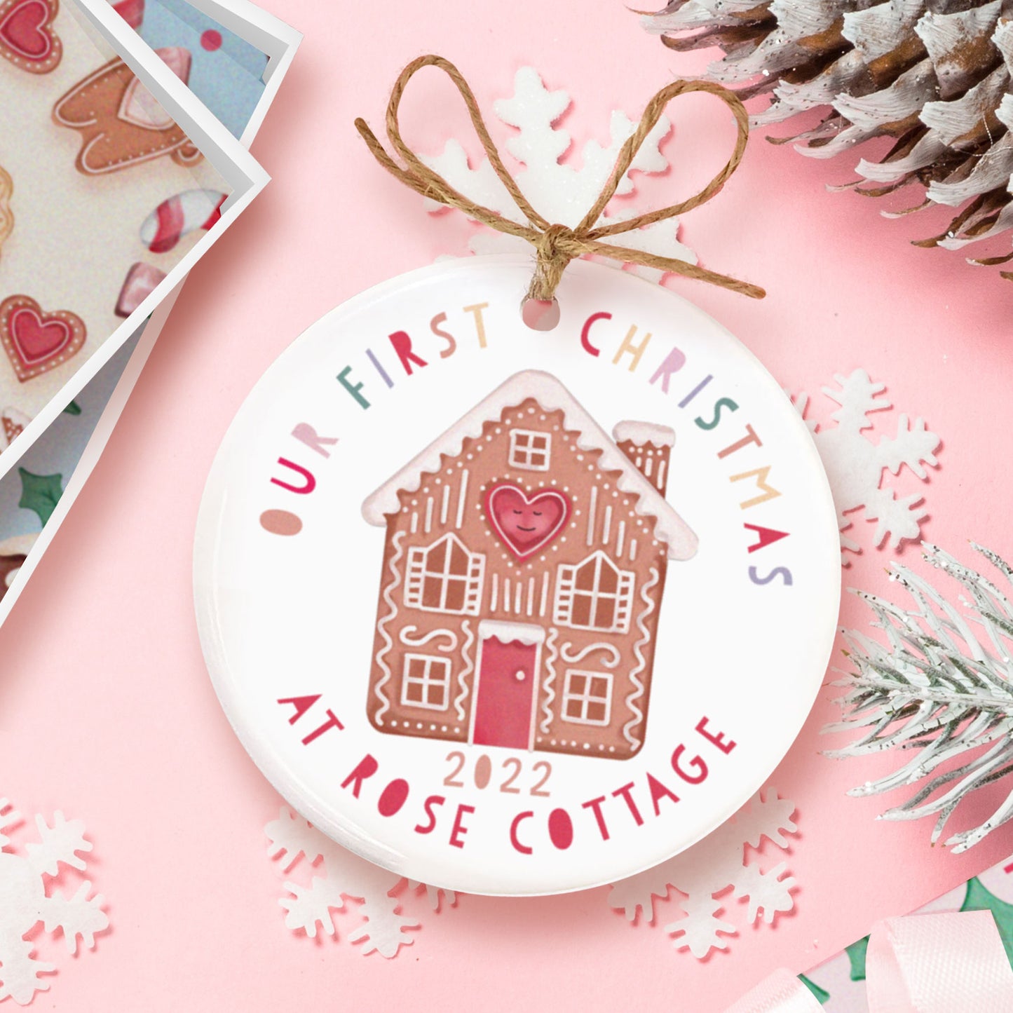 Our First Christmas Gingerbread House Ceramic Decoration. Christmas Bauble. Personalised Christmas Ceramic ornament