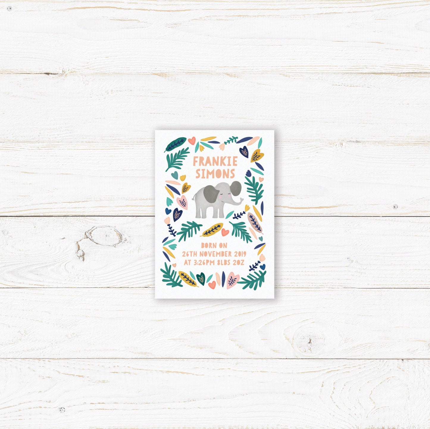 Personalised Elephant Wall Print. Nursery Childs Bedroom Wall Print. New Baby Gift. Naming Day Christening Gift. Child's Birthday Present.