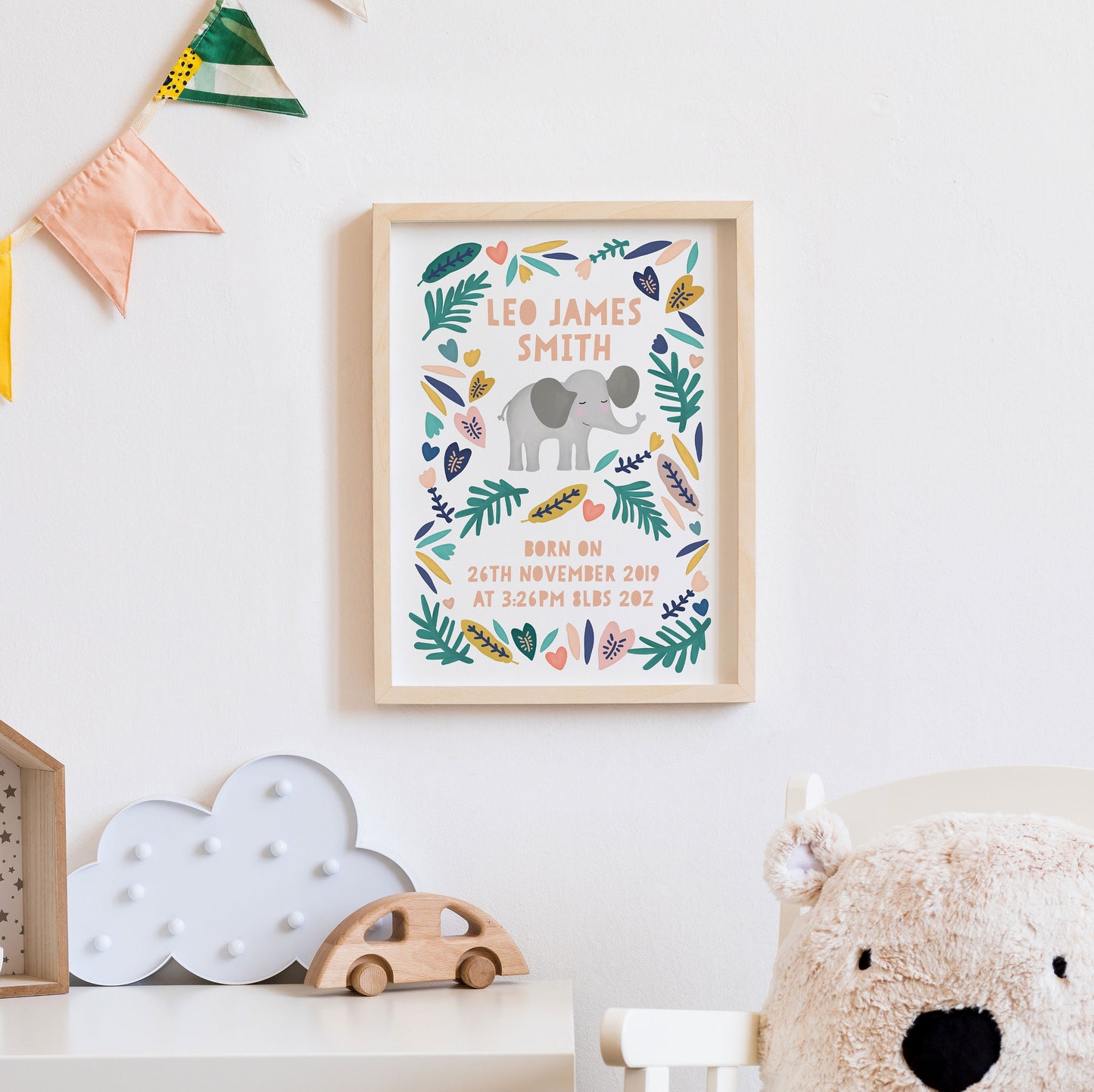 Personalised Elephant Wall Print. Nursery Childs Bedroom Wall Print. New Baby Gift. Naming Day Christening Gift. Child's Birthday Present.