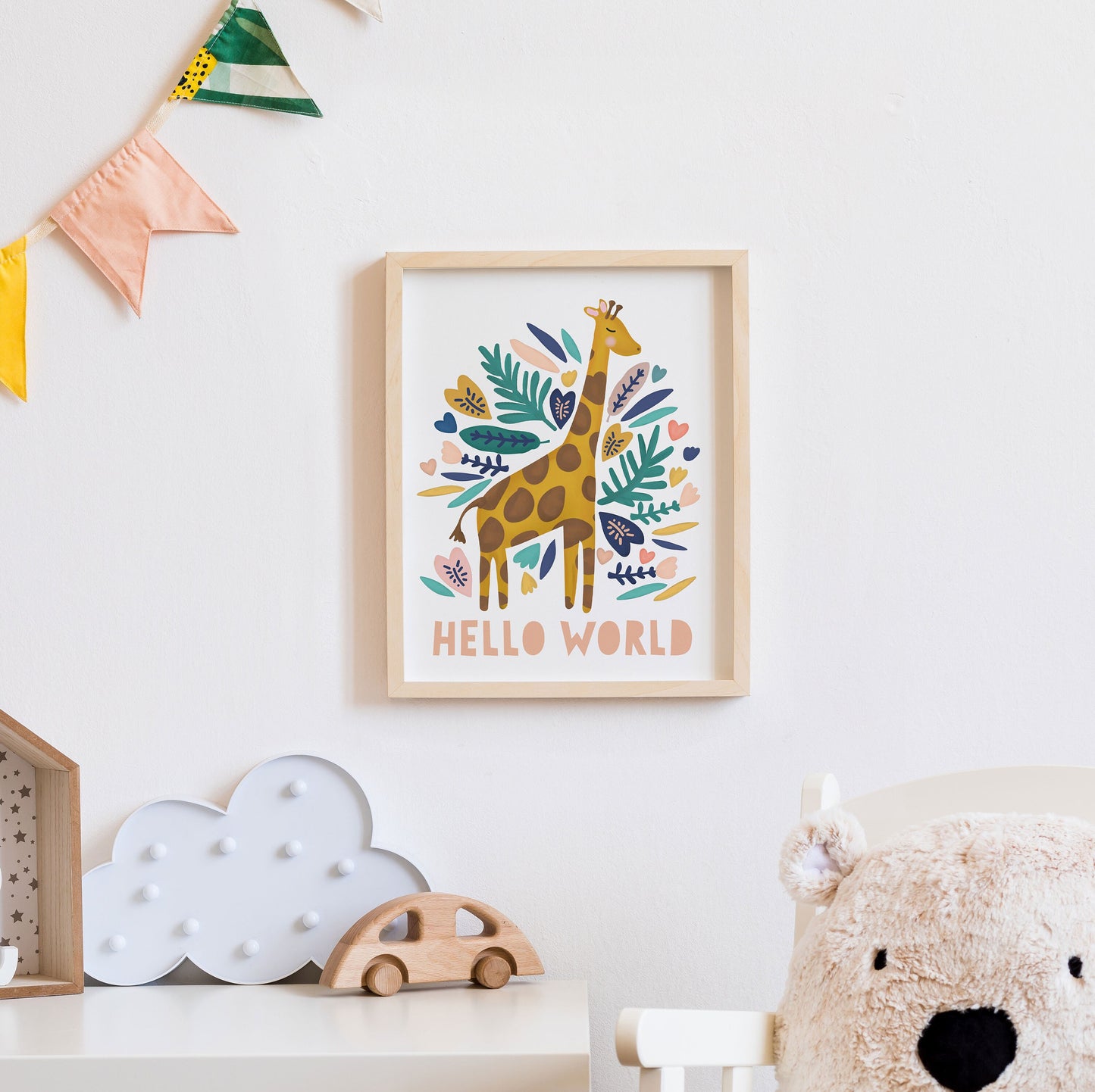 Hello World Giraffe Print. Nursery Childs Bedroom Wall Print. New Baby Gift. Christening Gift. Child's Birthday Present. Naming Day Wall Art