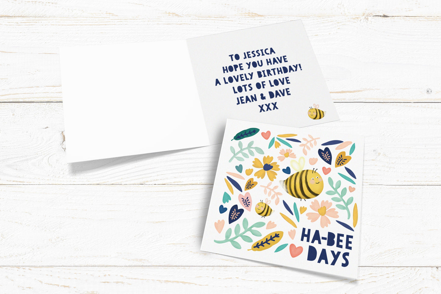 Ha Bee Days Card. Happy Birthday Card. Cute Bee Card. Thank You Card. Well Done Card. Good Luck Card. Send Direct Option.