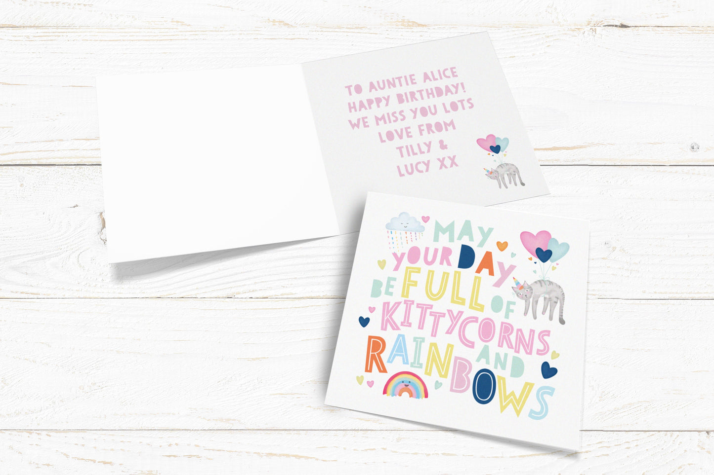 Kittycorns and Rainbows Card. Cute Cat Card. Happy Birthday Card. Get Well Soon card. Send Direct Option.