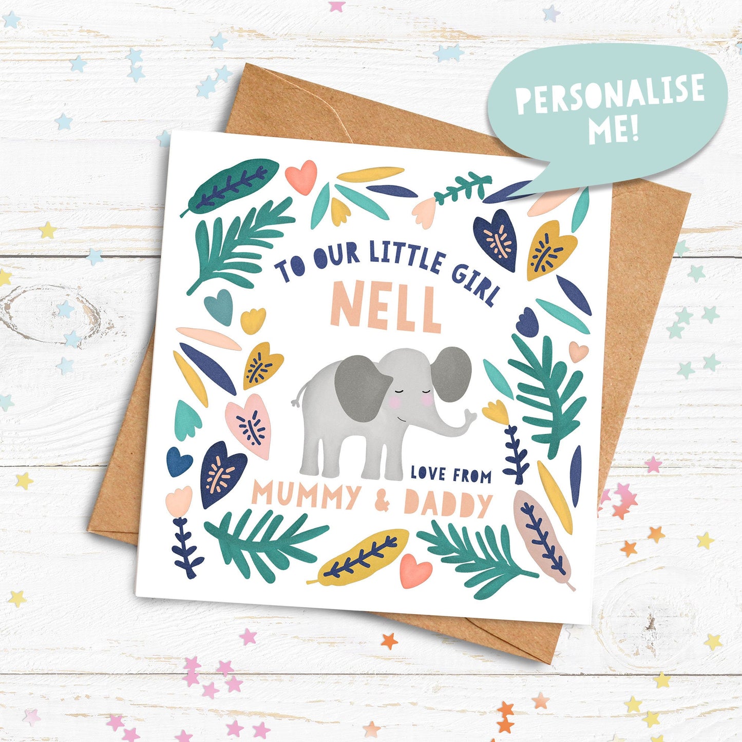 Personalised Little Elephant Card. Happy Birthday Card. Welcome to the world card. Naming Day Card. Send Direct Option.