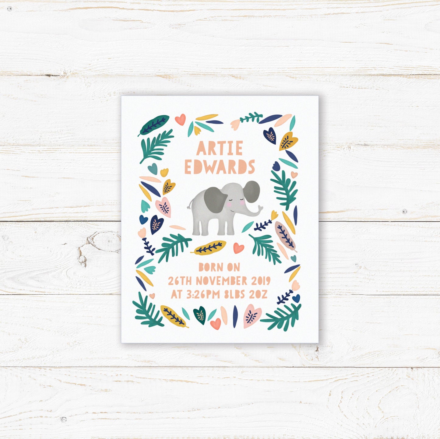 Personalised Elephant Wall Print. Nursery Childs Bedroom Wall Print. New Baby Gift. Naming Day Christening Gift. Child's Birthday Present.