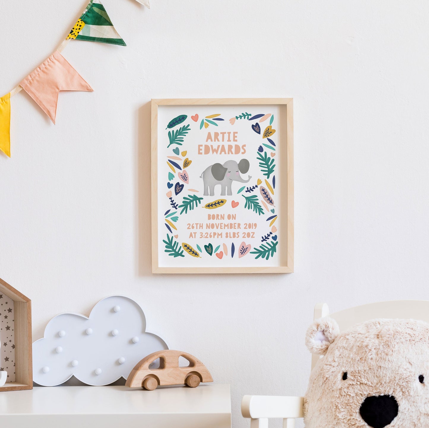 Personalised Elephant Wall Print. Nursery Childs Bedroom Wall Print. New Baby Gift. Naming Day Christening Gift. Child's Birthday Present.
