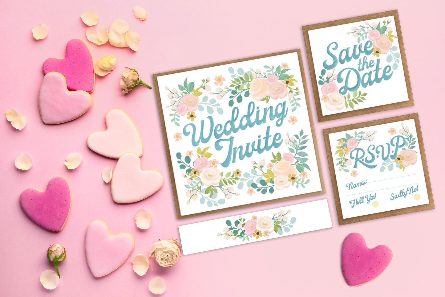 Floral Wedding Invite - Wedding Invite bundle. Pack of 10 Wedding Invite, RSVP, Save the Date and Belly Bands.