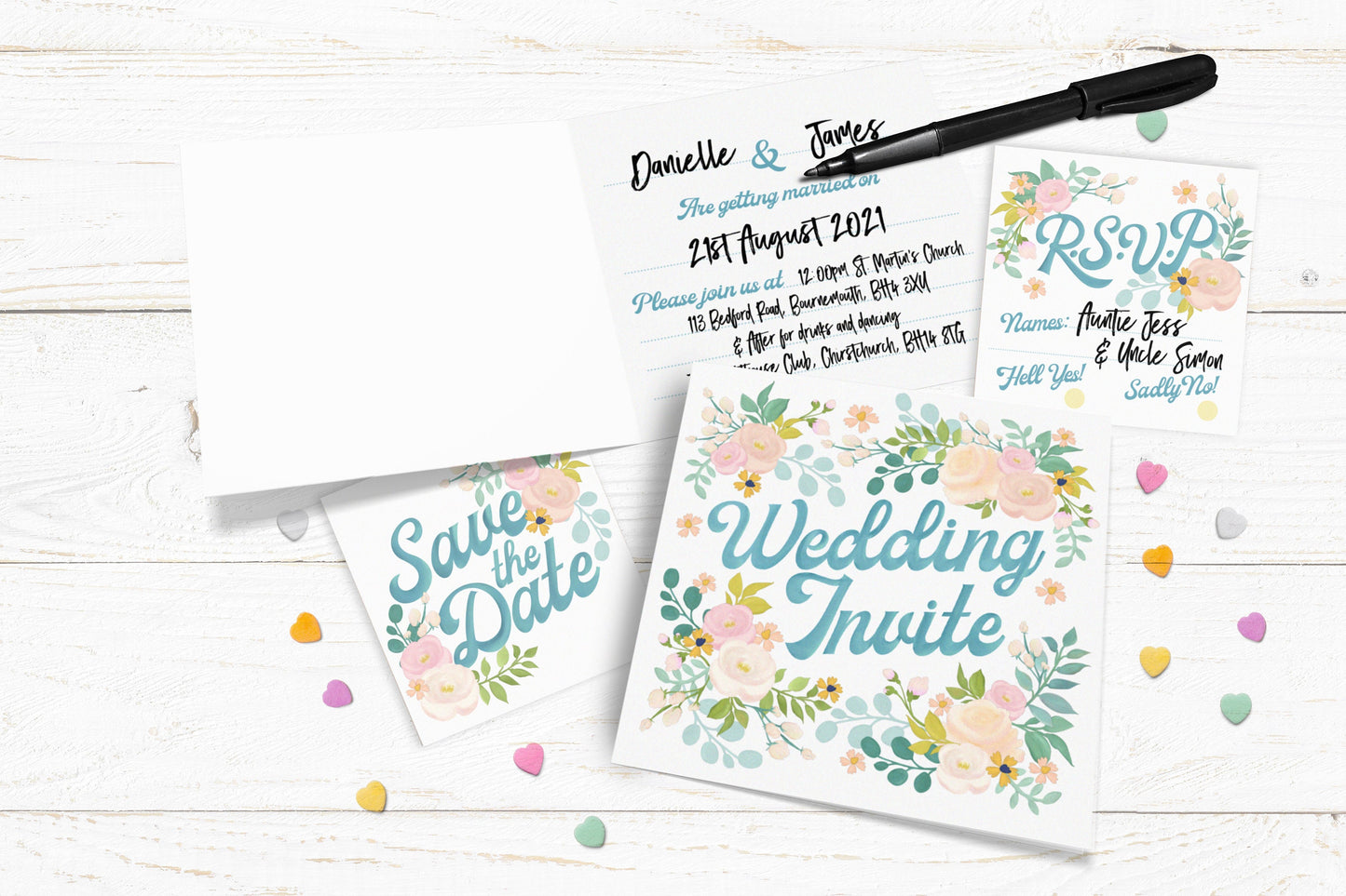 Floral Wedding Invite - Wedding Invite bundle. Pack of 10 Wedding Invite, RSVP, Save the Date and Belly Bands.