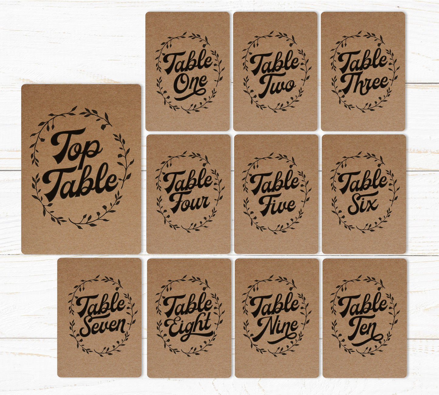 Wedding Table Number Cards - Recycled Kraft. Wedding Tables one to ten and Top Table. Wedding stationery pack.