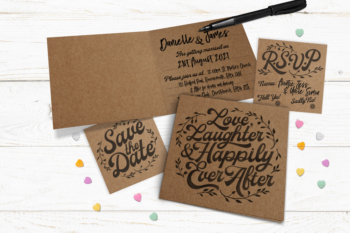 Kraft Wedding Invite - Wedding Invite bundle. Happily Ever After Design. Pack of 10 Wedding Invite, RSVP, Save the Date and Belly Bands.